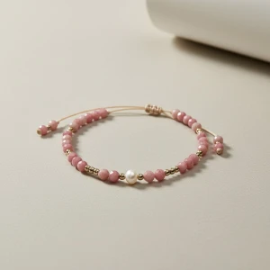 Bransoletka na sznurku  z rodonitem i perłą – talizman miłości i równowagi