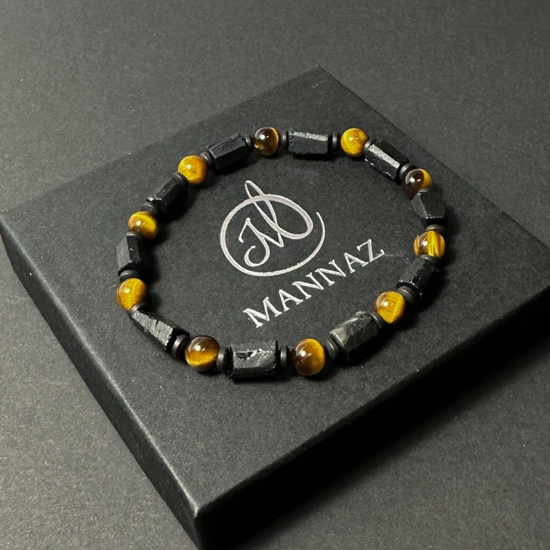 Męska bransoletka z czarnego turmalinu i tygrysiego oka