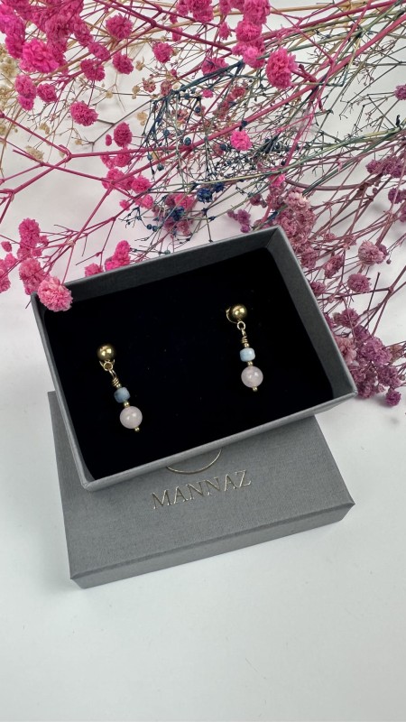 kolczyki z akwamarynem i kwarcem różowym